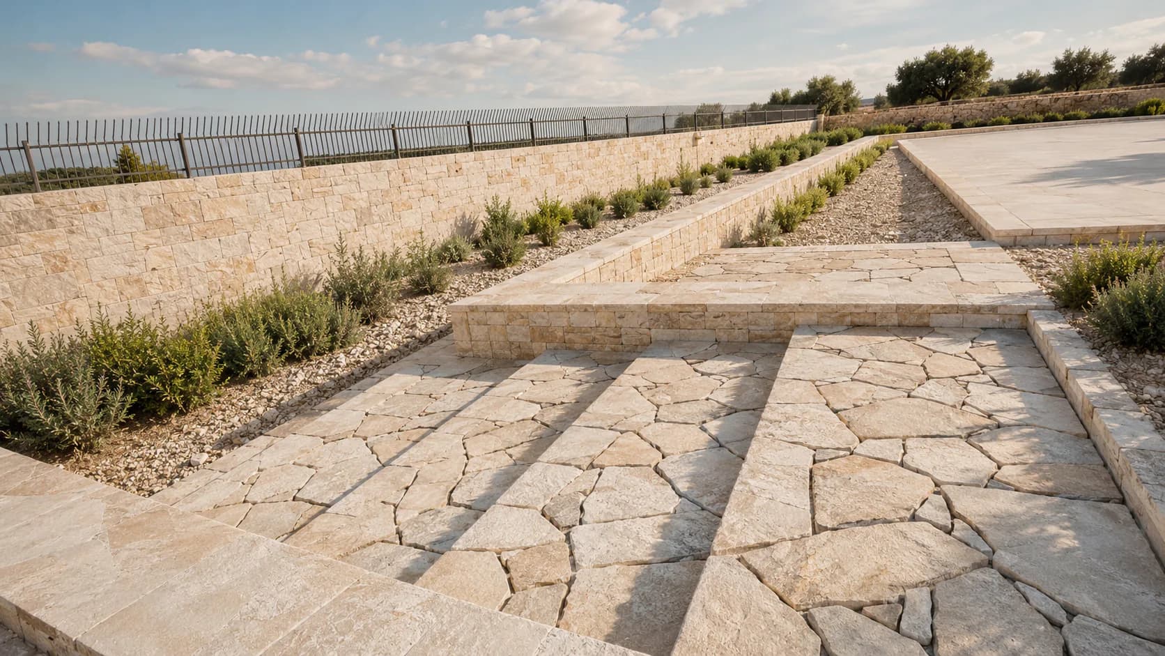 Giardino terrazzato con muri e pavimentazione in pietra