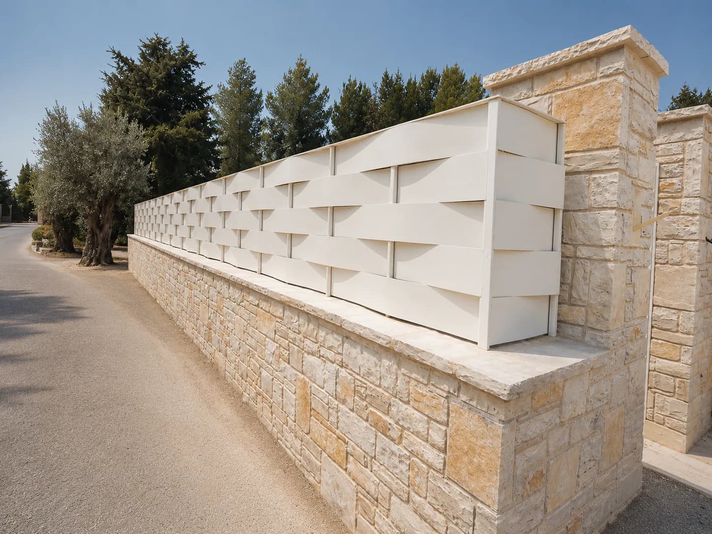 Recinzione contemporanea in pietra e metallo bianco